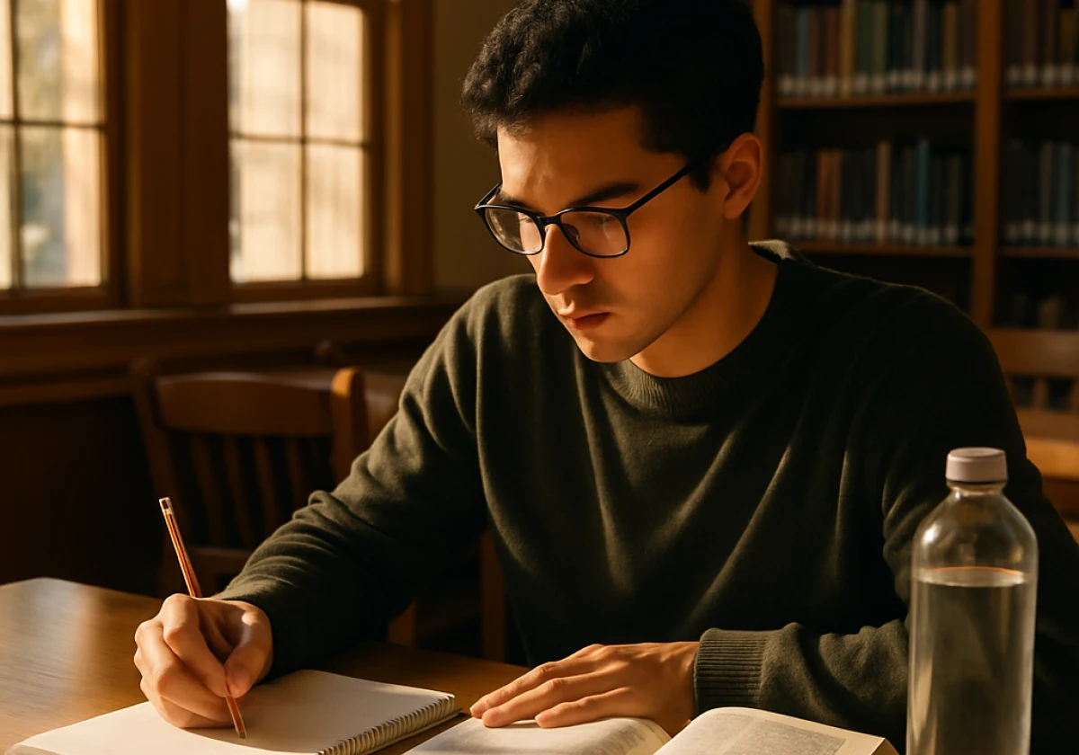 A focused student at a wooden library desk in morning light streaming